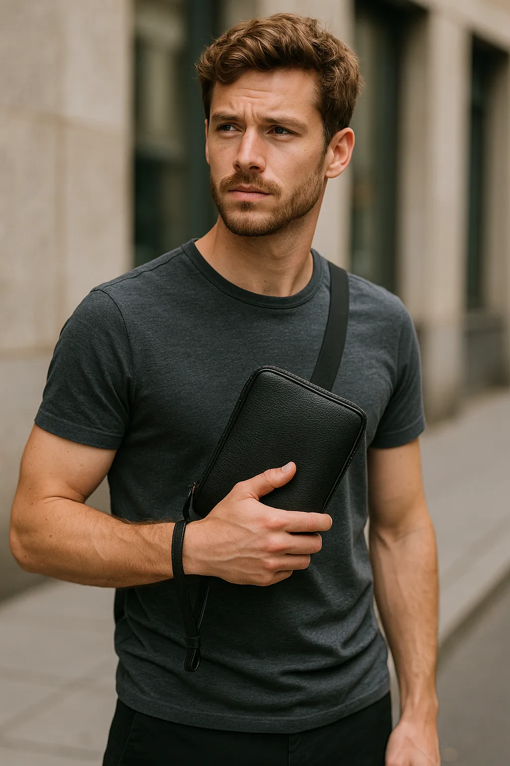 Ein Mann  mit  Handgelenktasche 